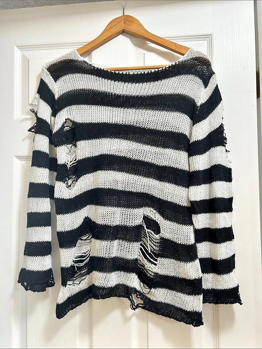Black & White Striped Distressed Sweater